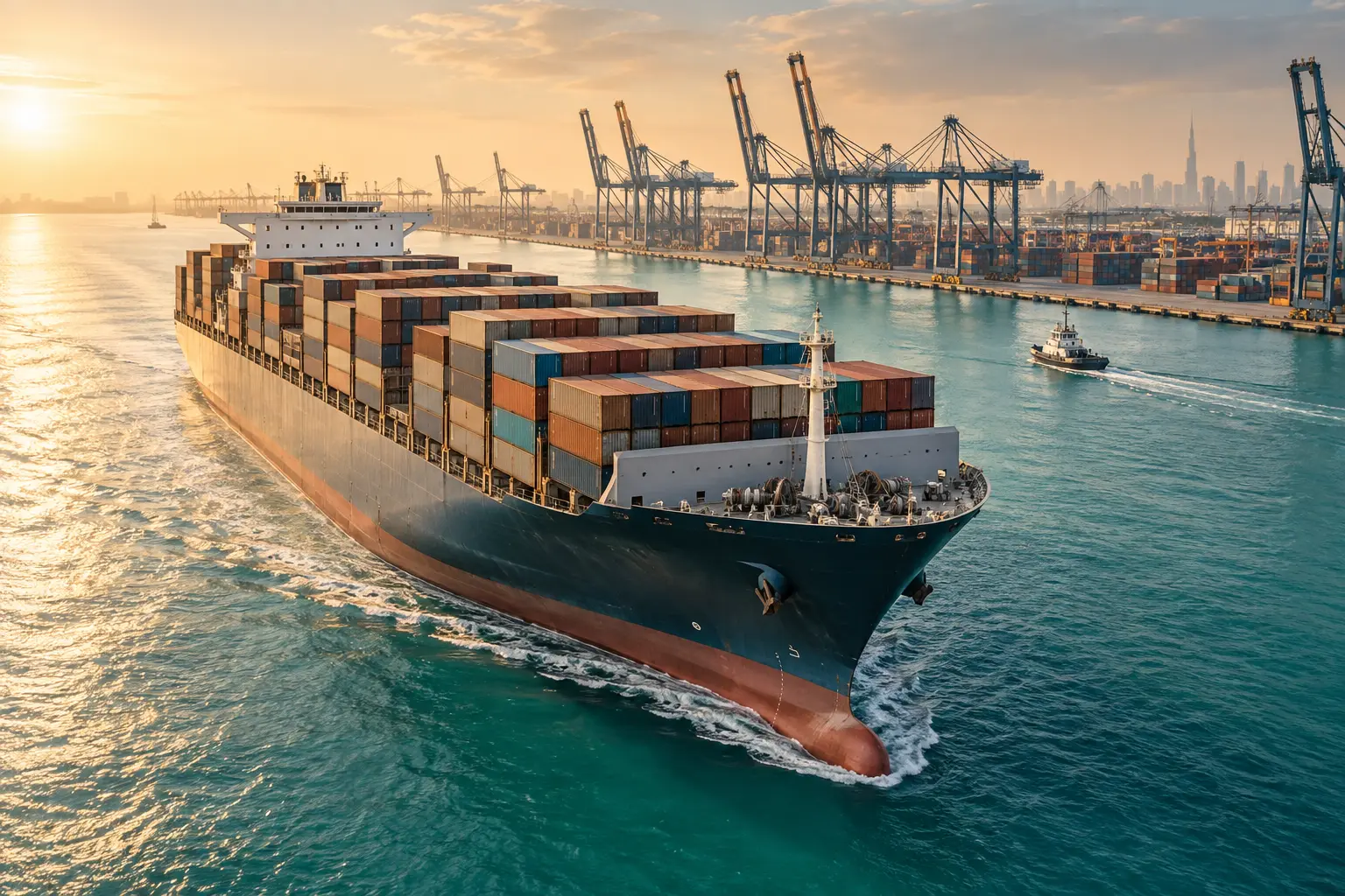 Container vessel under way at sunrise, bow forward, approaching a container terminal with gantry cranes