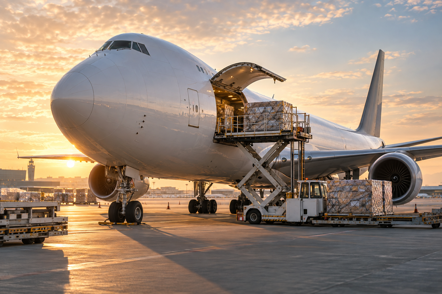 Freighter aircraft at sunrise with its nose-side cargo door open and palletised freight being loaded