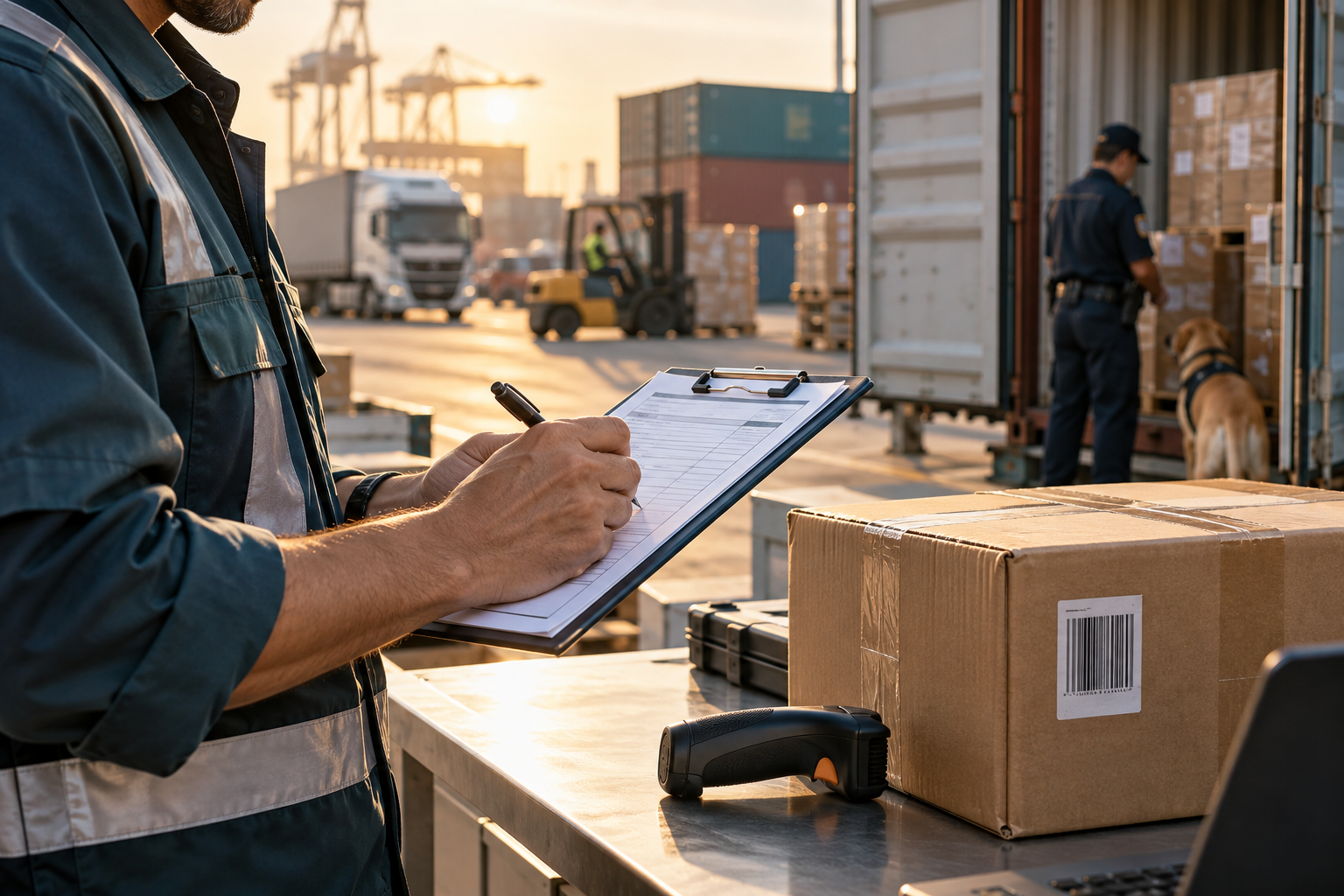 Logistics officer completing shipment paperwork on a clipboard while a container is inspected at a port terminal