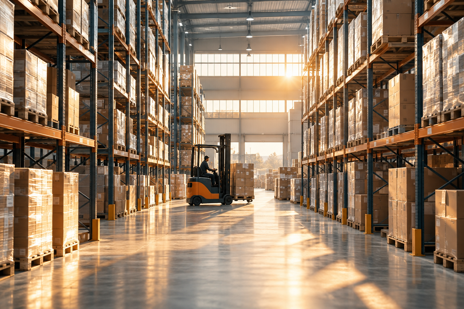 Forklift moving a pallet down a long warehouse aisle lined with racked cartons, daylight at the far end