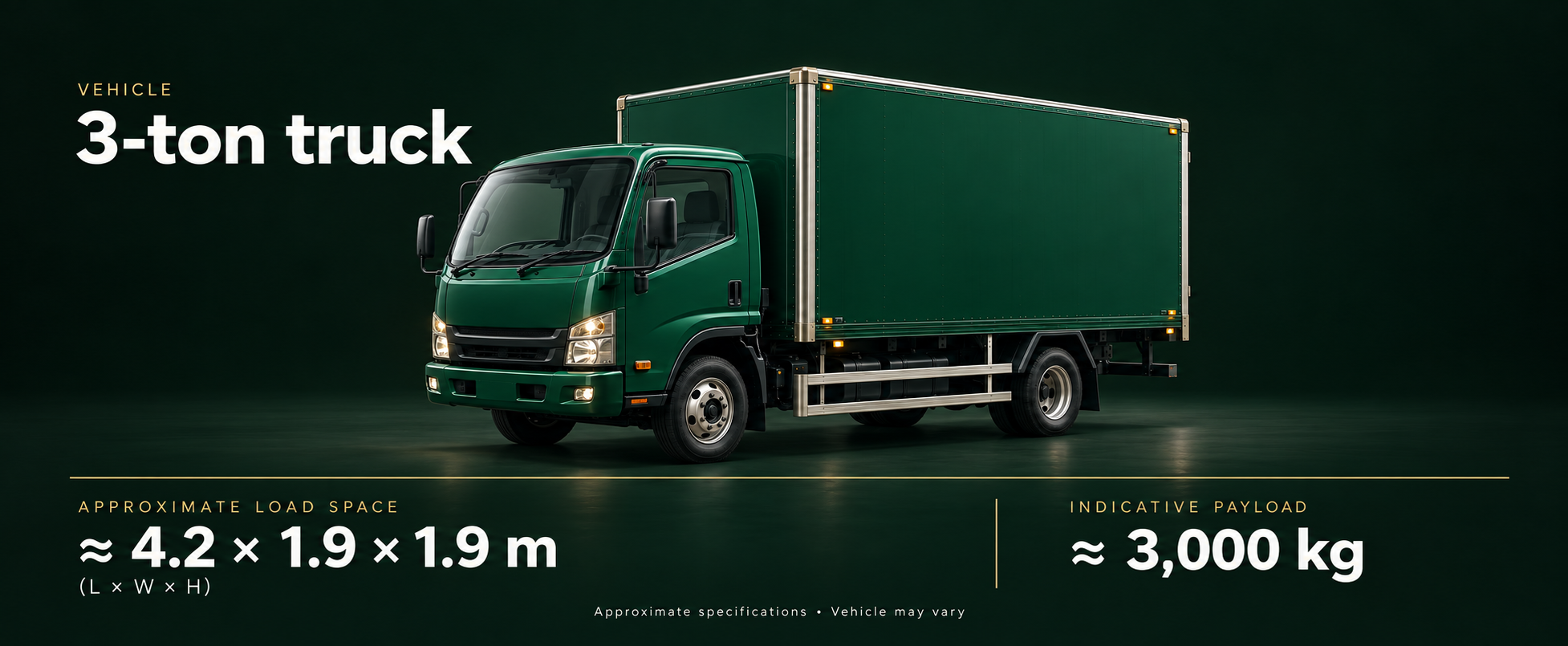 Dark green 3-ton box truck with approximate load space and indicative payload figures