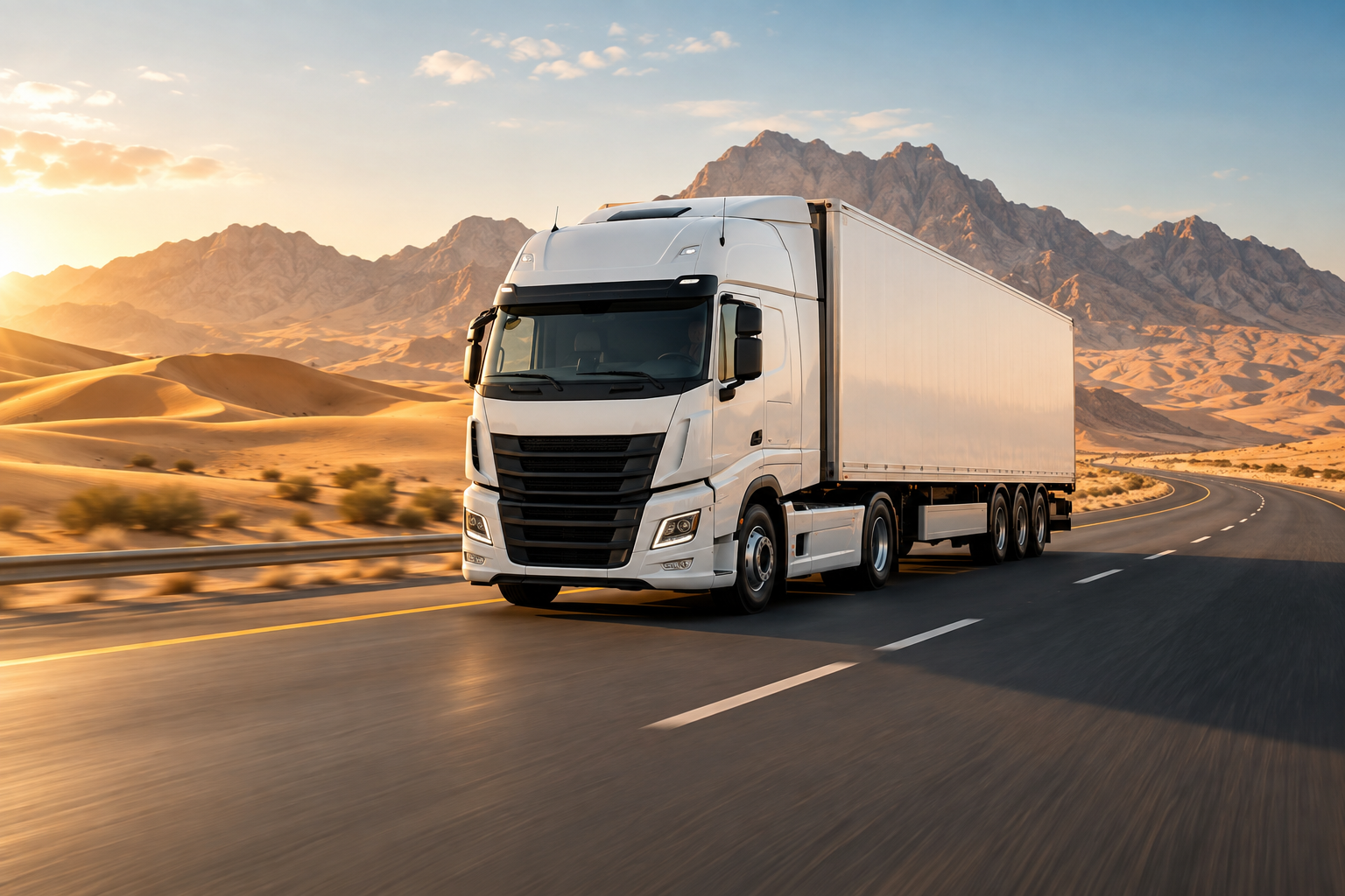 White articulated truck and trailer travelling a desert highway at golden hour