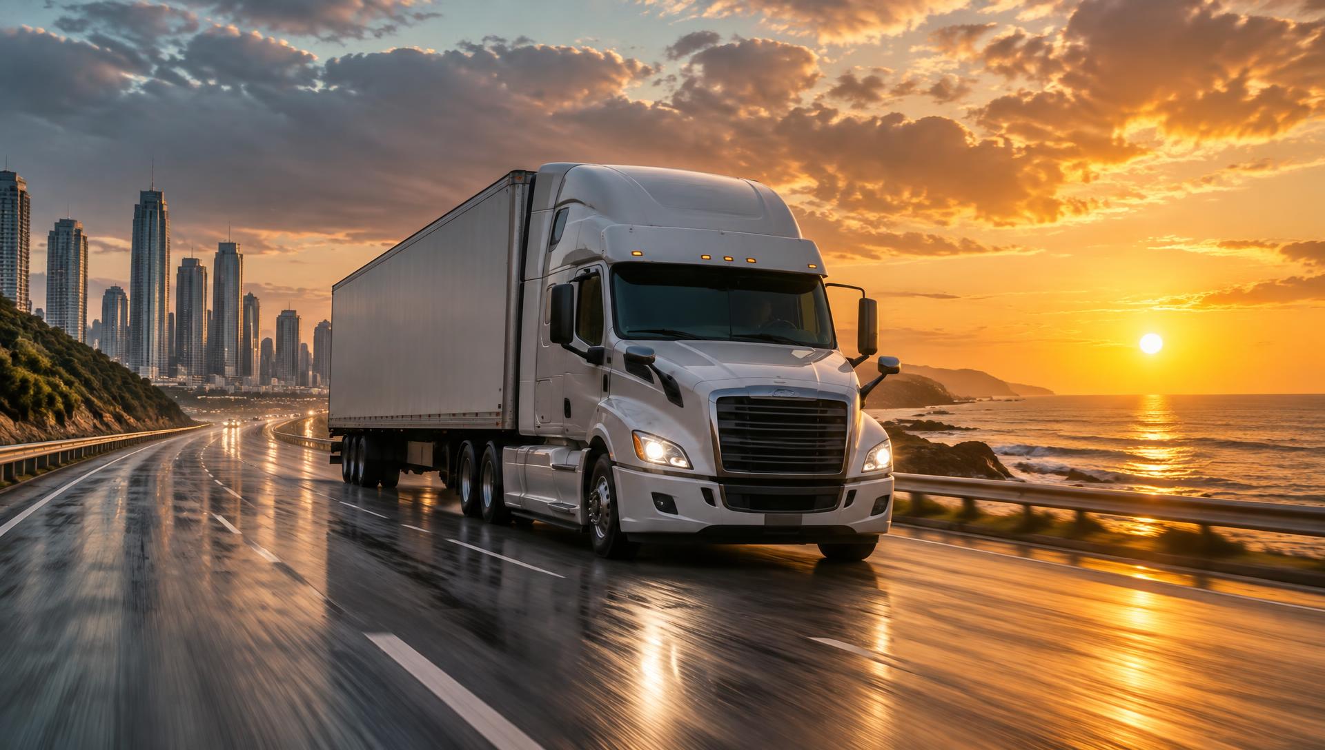 Truck with container trailer on a coastal highway at sunset