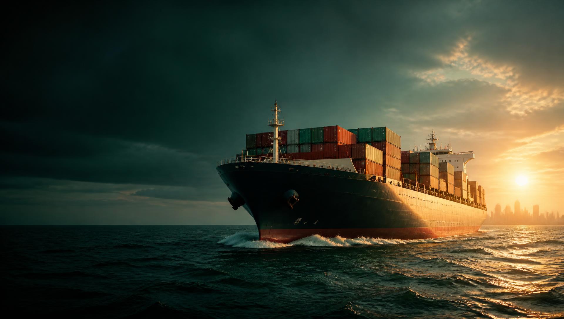 Container vessel under way at sunset
